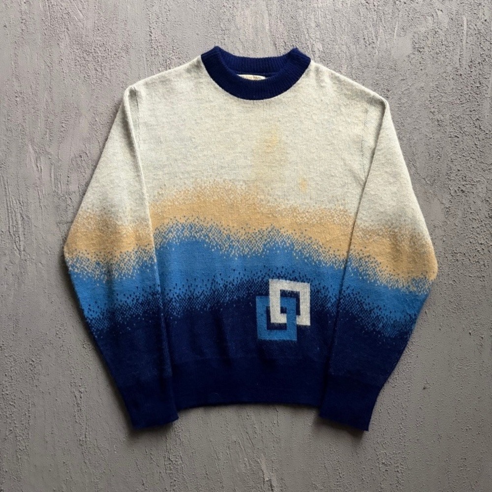 Vintage Career Club Sweater XL Blue 1970s Orlon Acrylic Ombre Geometric